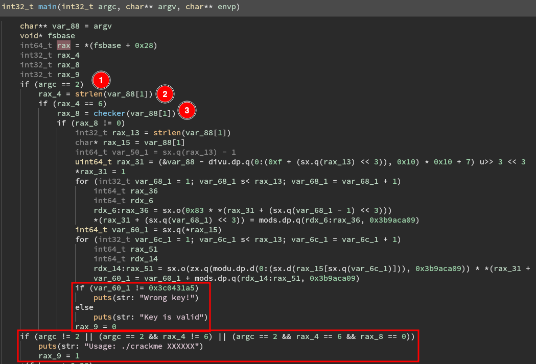 Main function in Binary Ninja, visible calls to a "checker" function with argv[1] as the parameter